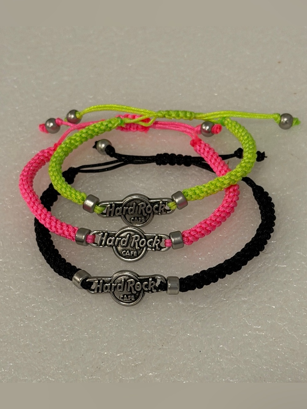 3 Hard Rock Cafe Woven Braided Friendship Bracelets Pink Neon Green Black NEW